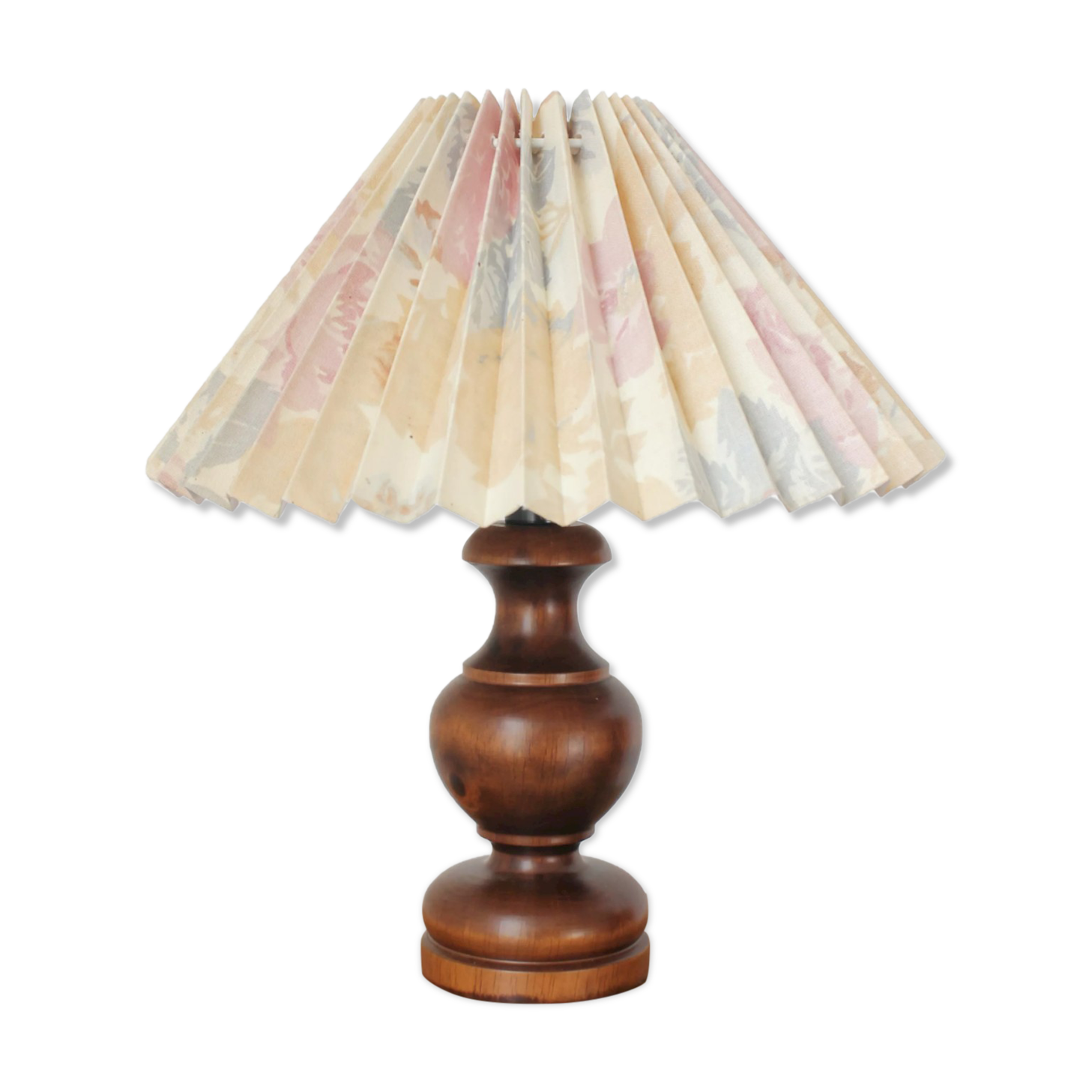 Wooden table lamp with vintage floral pleated lampshade