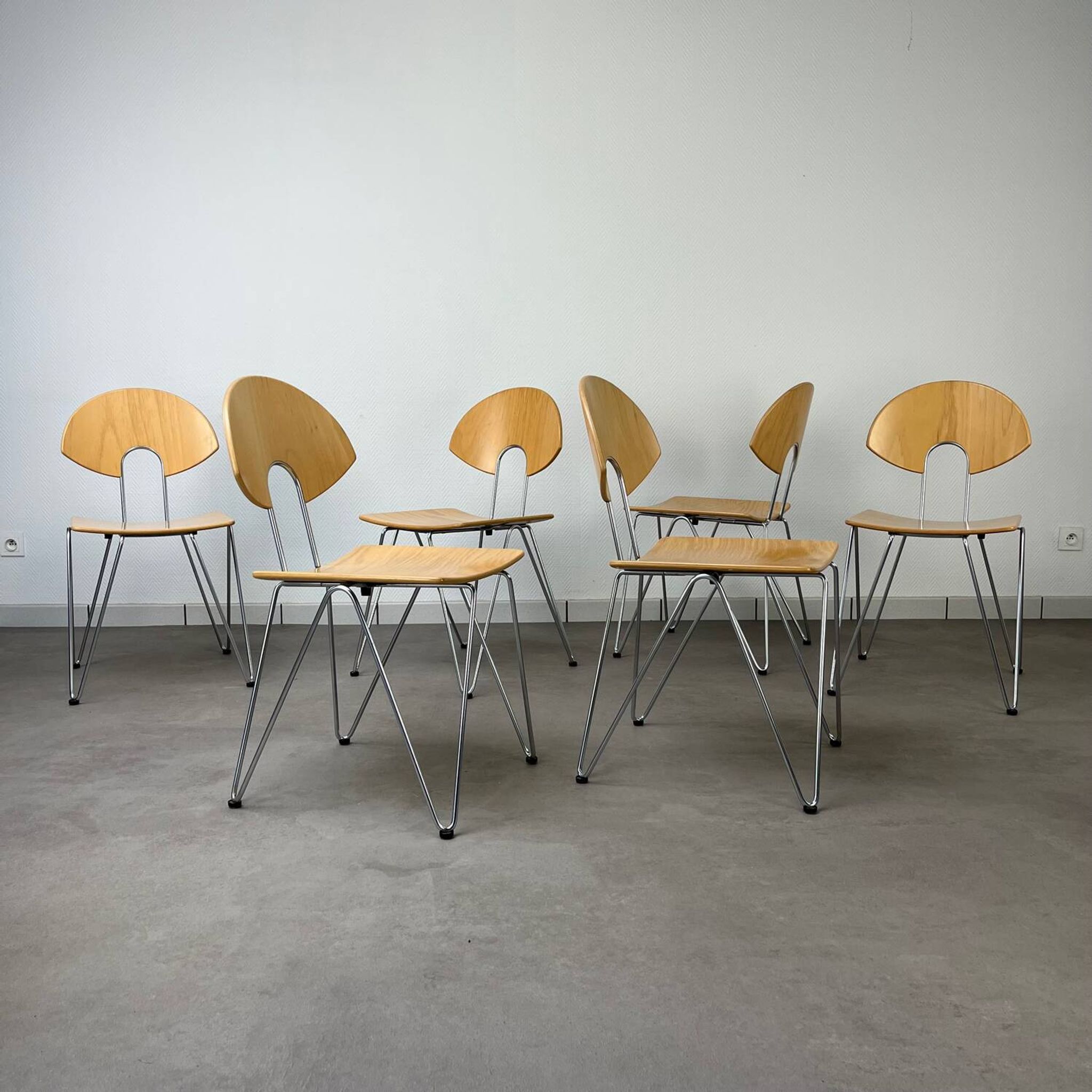 6 Mikado chairs 1800, stackable, design by Walter Leeman for Kusck&co.