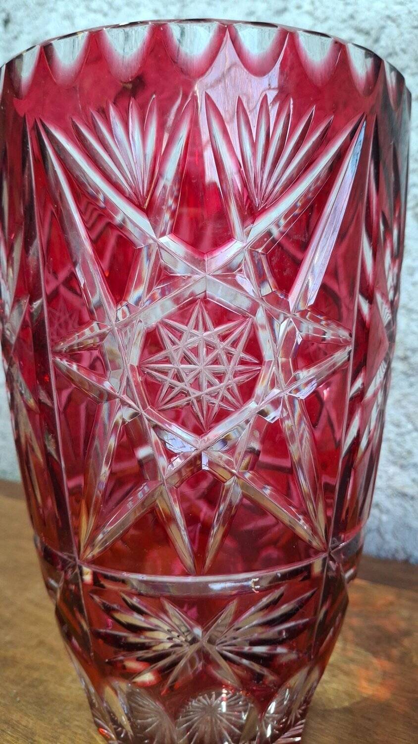 Large ruby red cut crystal vase – Central Europe 1950s
