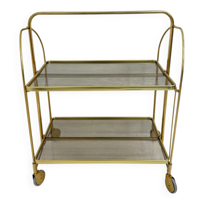 Chariot de bar pliant moderne du milieu du siècle en laiton et en verre acrylique strié, années 1970