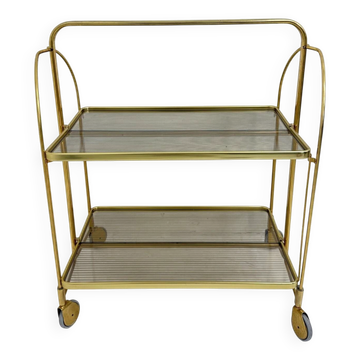 Mid-century modern folding bar cart in brass and ribbed acrylic glass, 1970s