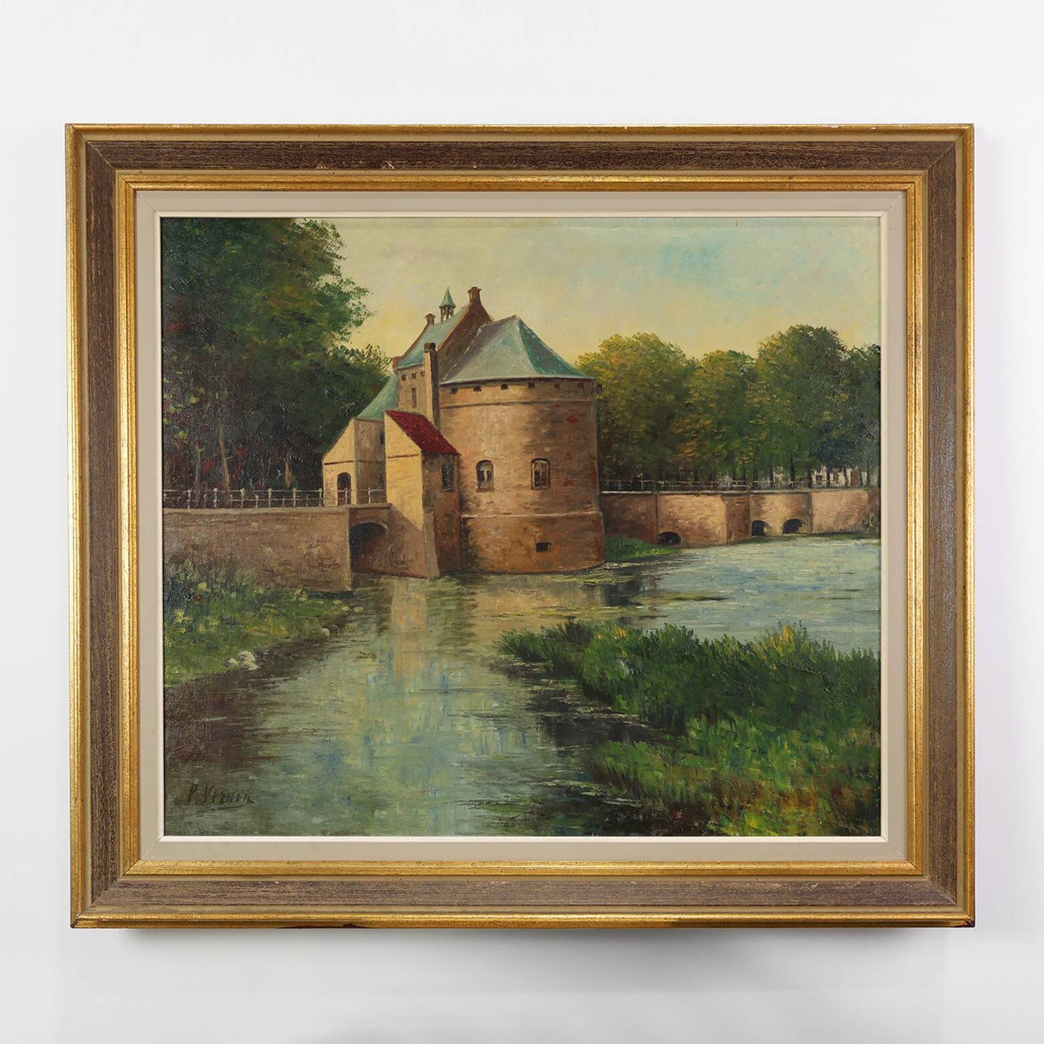 Signed 20th Century Rustic Landscape Painting the Smedepoort Bruges, Belgiu