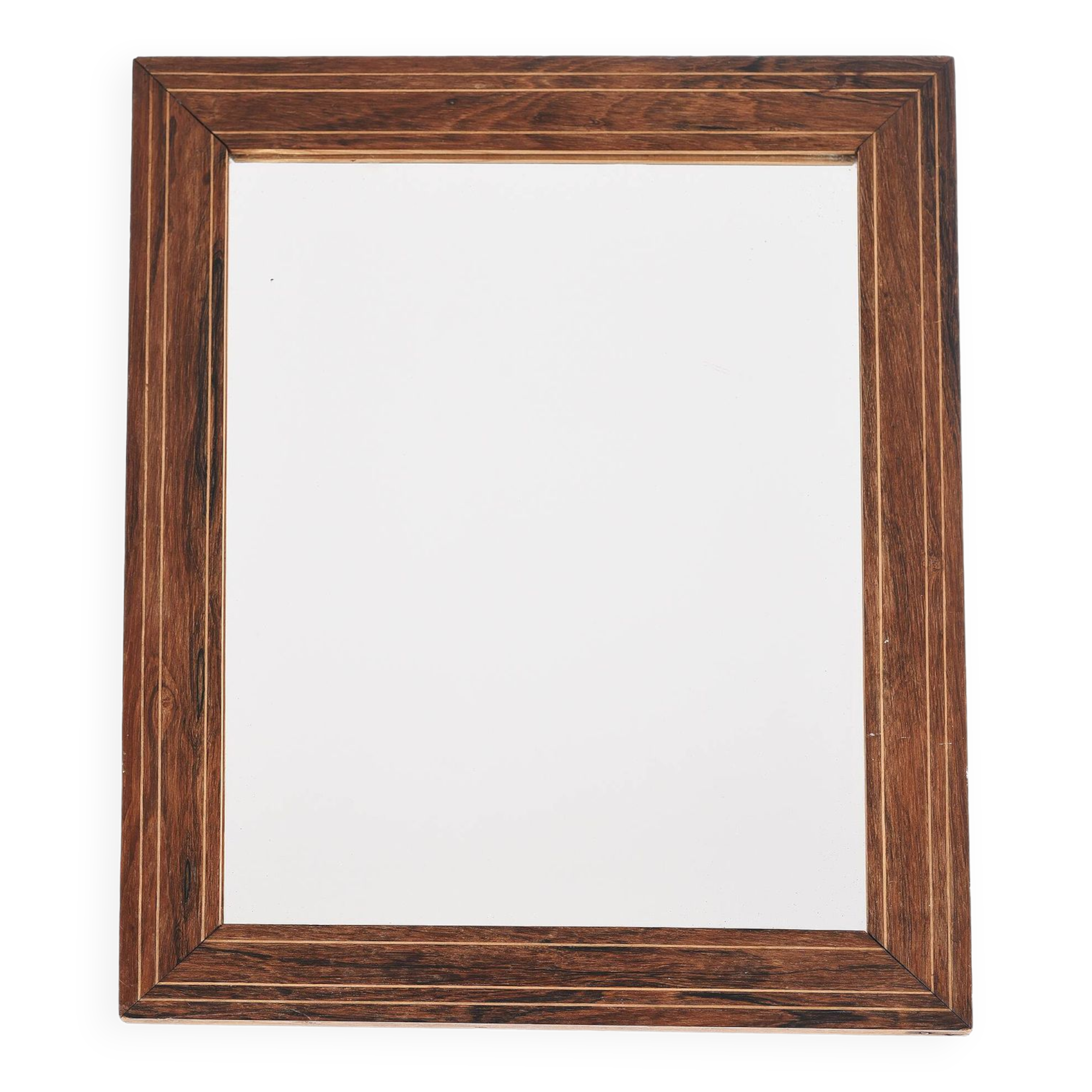 Old rectangular wooden mirror, frame decorated with edges