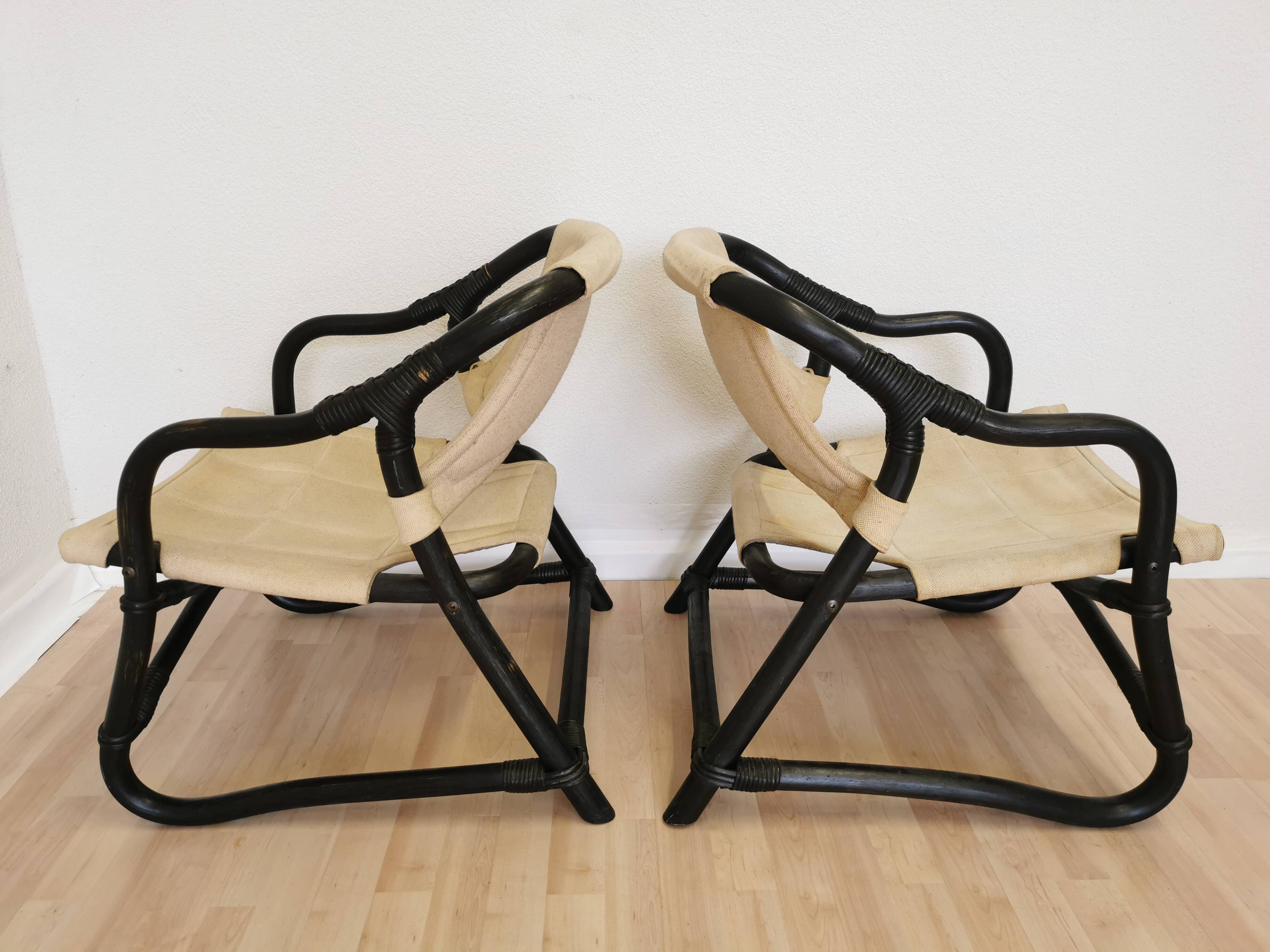 2 Vintage Espri Safari Lounge Armchairs / Rare Mid-century Black Bamboo and Beige Fabric Easy C