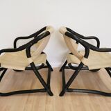 2 Vintage Espri Safari Lounge Armchairs / Rare Mid-century Black Bamboo and Beige Fabric Easy C