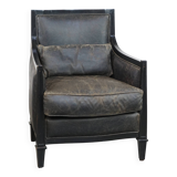Black Art Deco design cow leather and wooden armchair with loose cushion