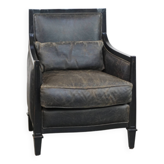 Fauteuil Art Déco en cuir de vache noir et bois avec coussin amovible