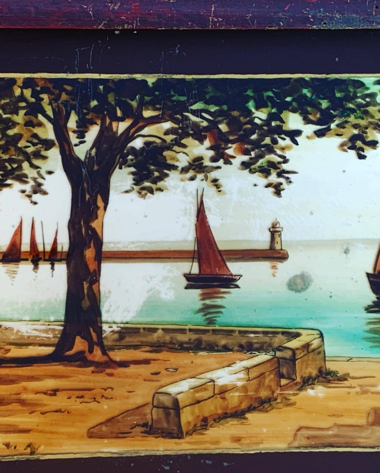 Marine painting, fixed on glass, signed P. Alix, art deco, old