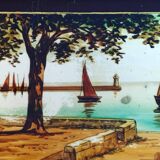 Marine painting, fixed on glass, signed P. Alix, art deco, old