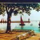 Marine painting, fixed on glass, signed P. Alix, art deco, old