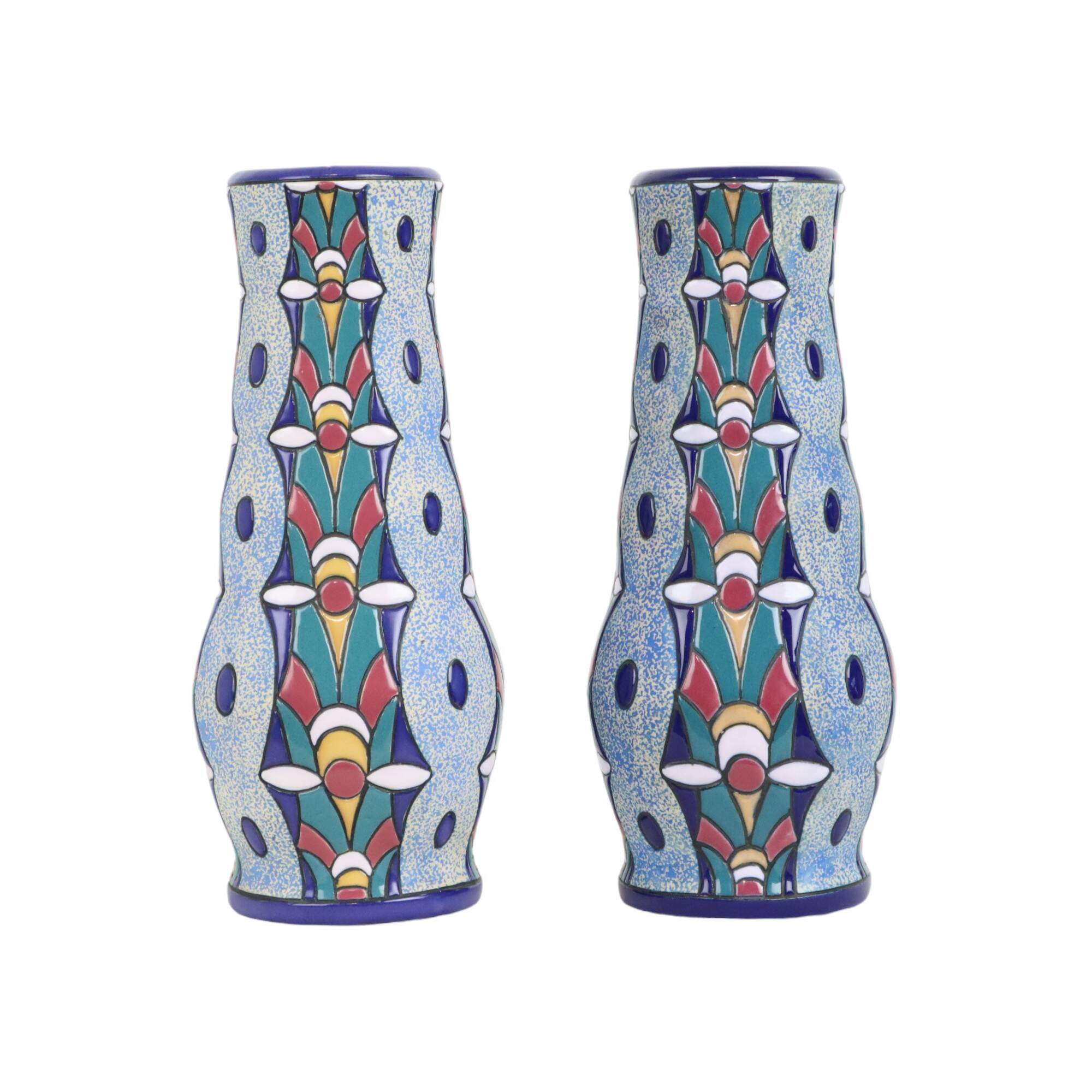 Pair of Amphora Vases Art Deco Ceramic Enamel 1915