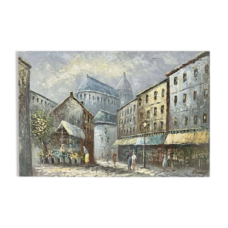 Scène de rue parisienne peinte par Caroline Burnett (1877-1950) Huile sur toile - 90x60cm