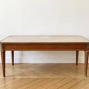 Louis XVI style coffee table in wood and marble with bronze ornaments.