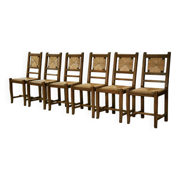 Ensemble de 6 chaises rustiques en chêne 1960’s