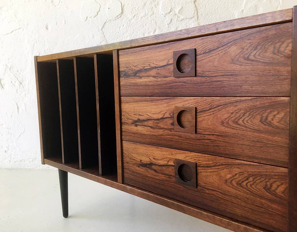 Wooden sideboard with 3 drawers and vinyl storage, Denmark 1970