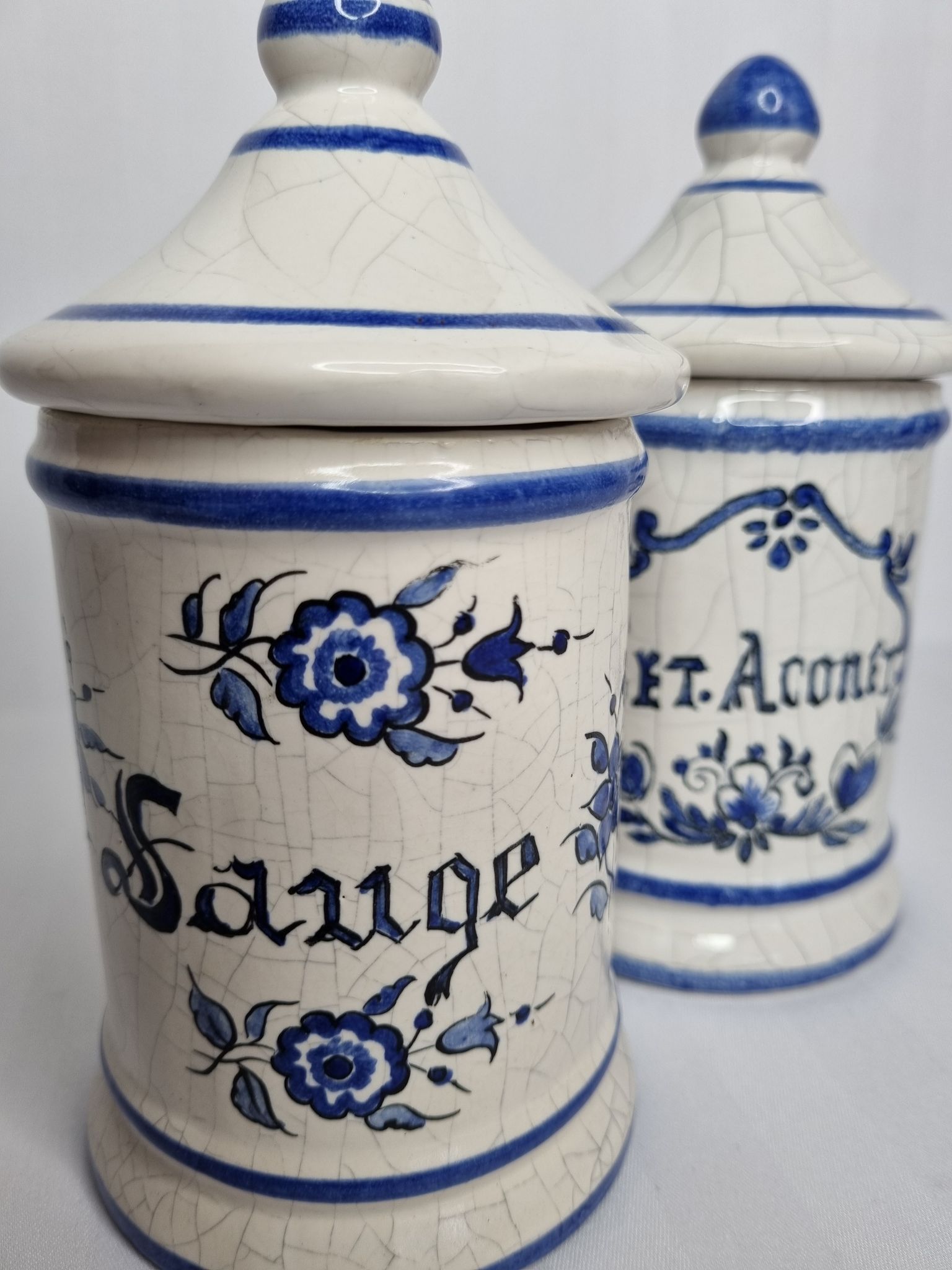 Pair of antique apothecary pots in glazed ceramic, Tuilerie Normande de Bavent