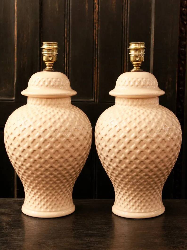 Pair of textured cream ceramic table lamps from Manises.