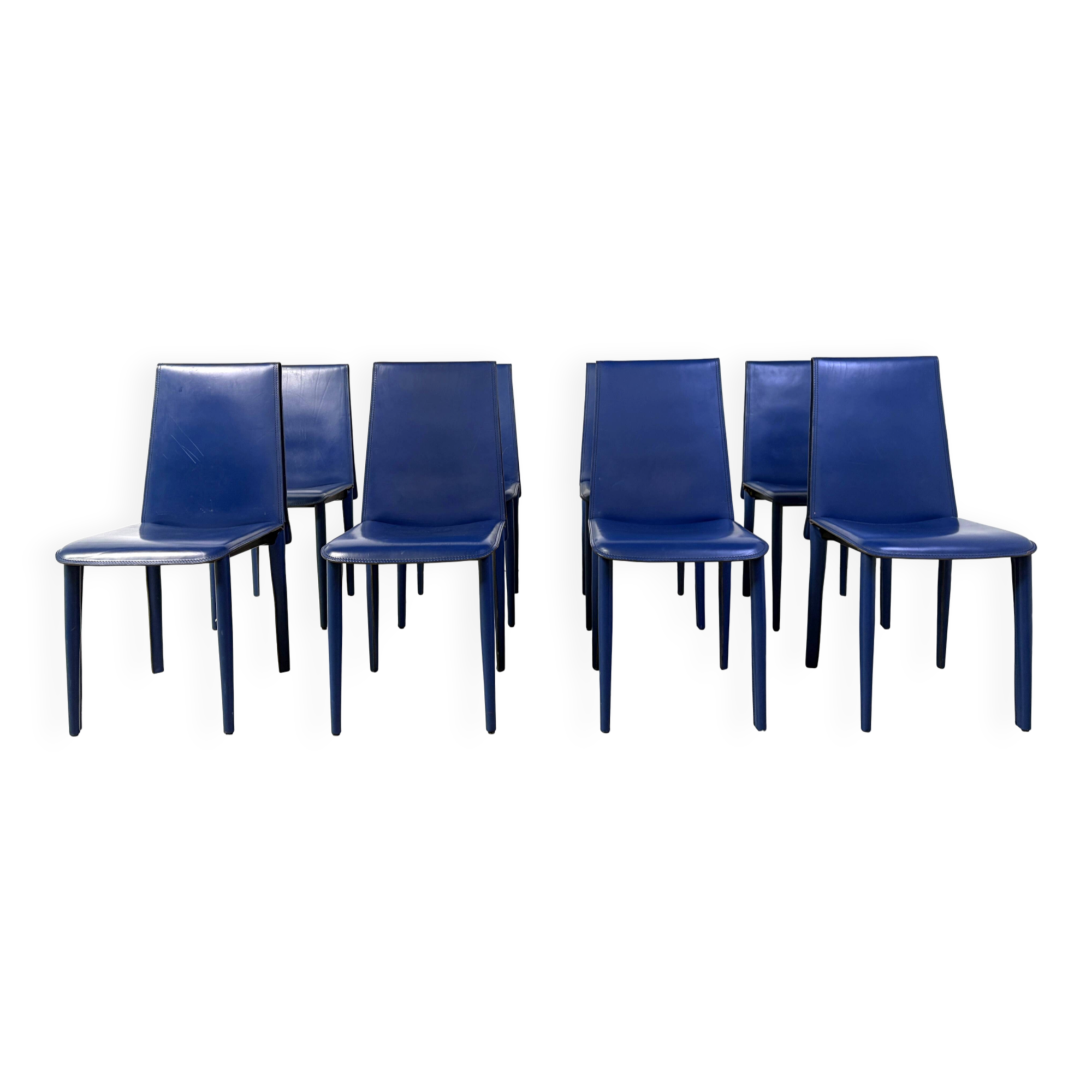 Blue leather dining chairs by Fasem, 1980s - set of 8