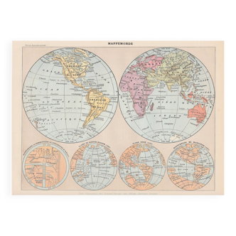 Planche ancienne mappemonde 1898