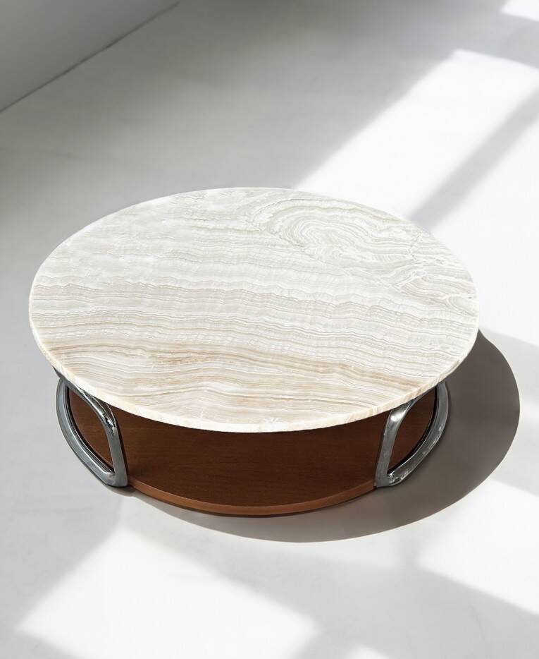 Table basse vintage onyx ivoire chrome et bois