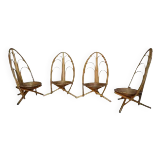 Set of 4 rattan and wood armchairs