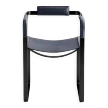 Armchair, in smoked black steel and navy blue leather, contemporary style.