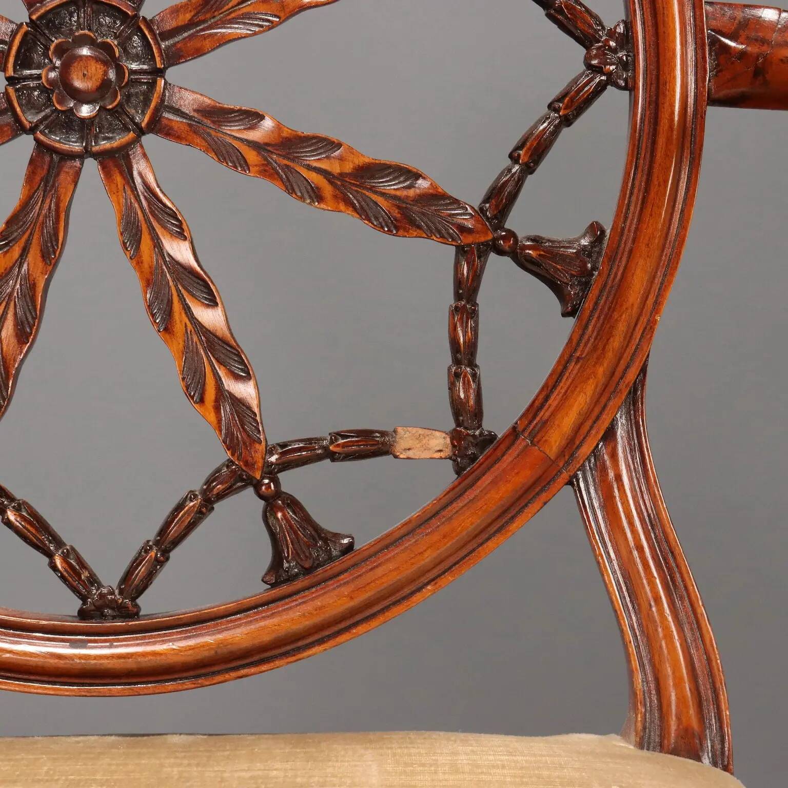 Antique cherry wood and fabric armchairs, United Kingdom, 20th century