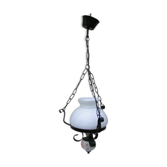 Suspension opaline blanche et métal noir