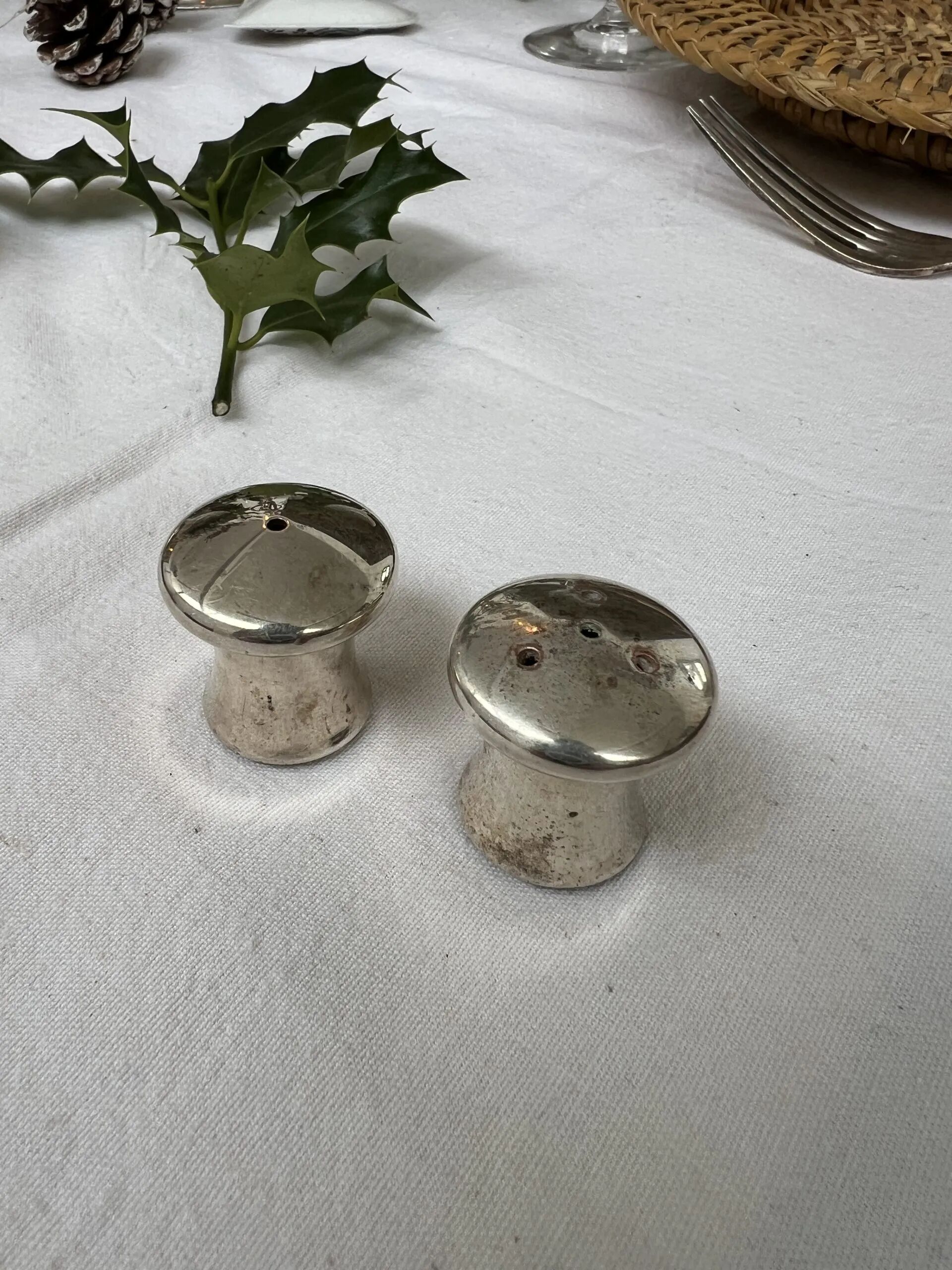 Duo salière et poivrier en forme de champignon en métal argenté