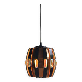 Pendant lamp in black and copper colored slats. Design by Werner Schou for Coronell Elekro. 1970s.