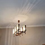 Brutalist chandelier in teak and art glass, Italy, 1960s