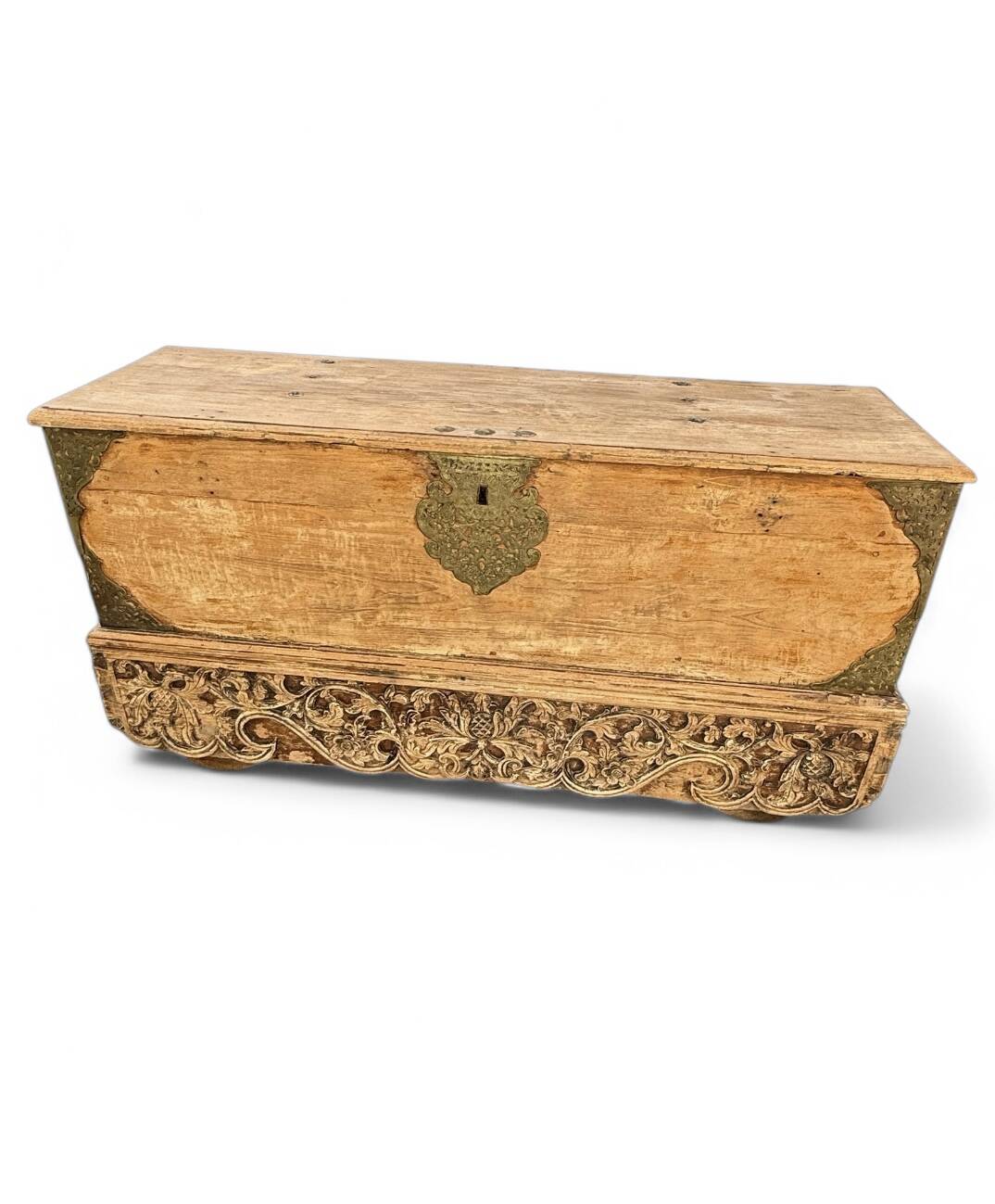 Large antique Asian travel chest made of mango wood.