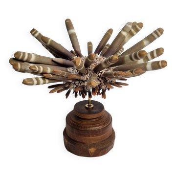 Antique sea urchin pencil on turned wooden base, 22 cm