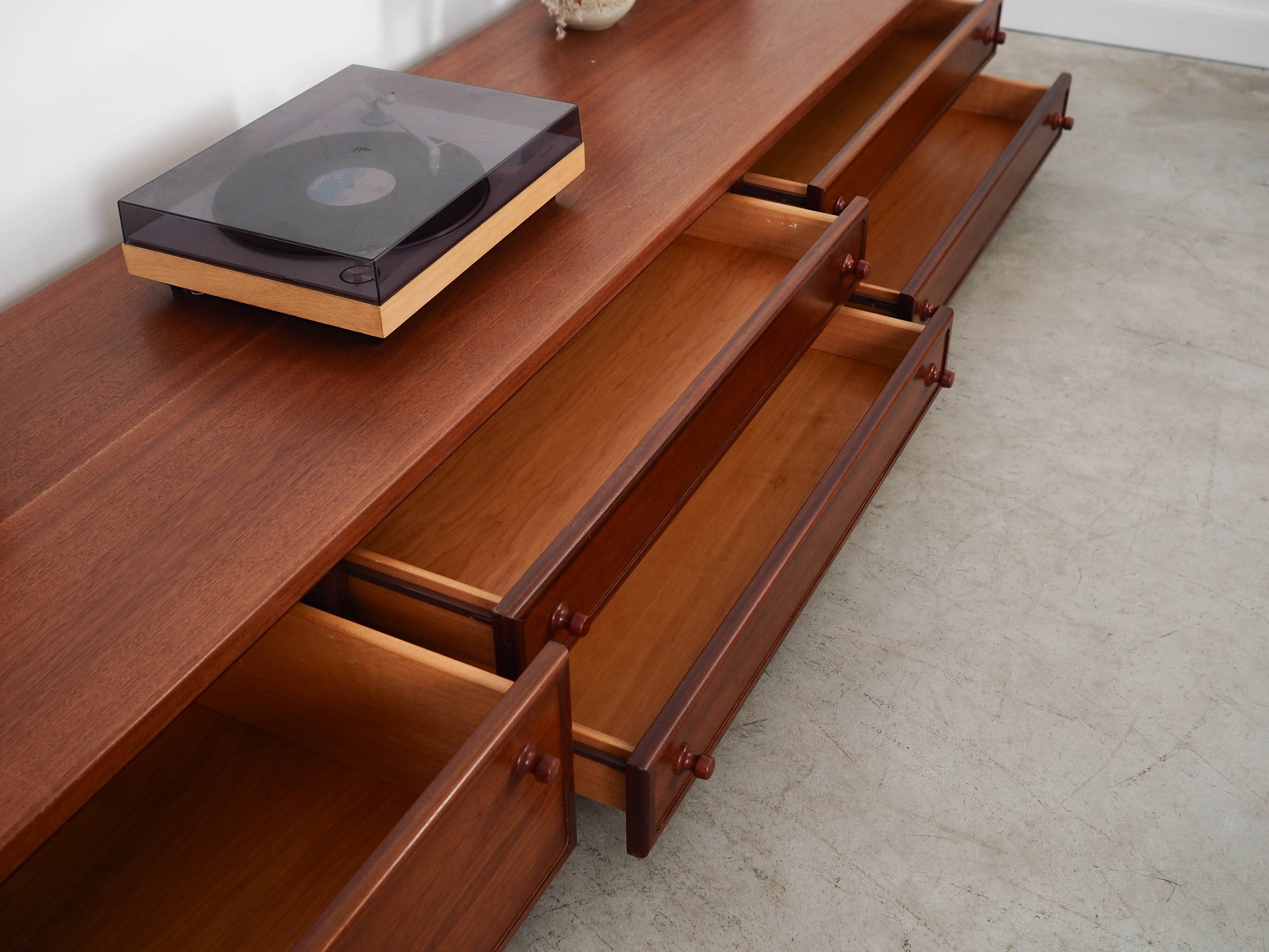 Low mahogany furniture, Danish design, 1970s, made in Denmark.