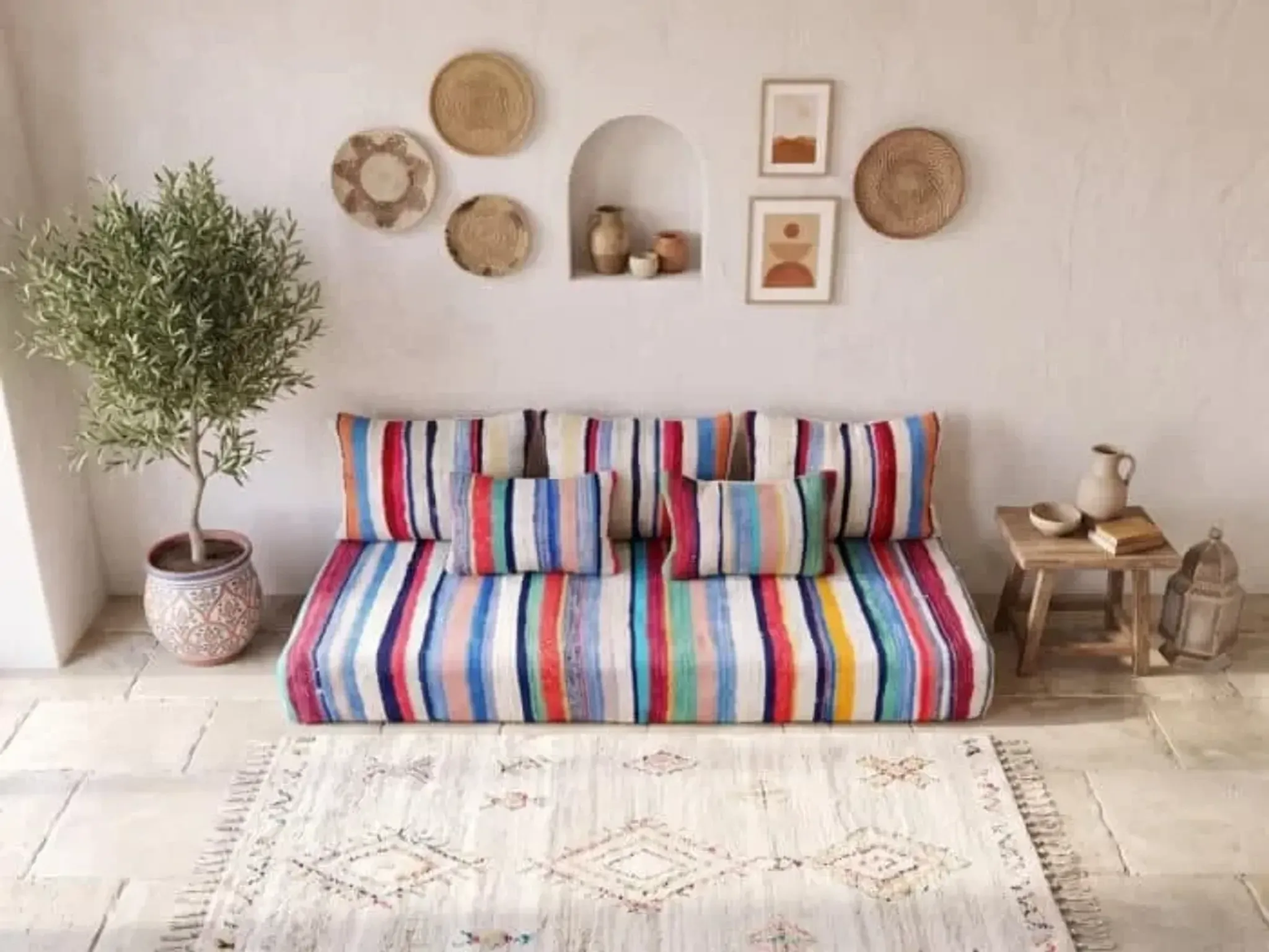 Multicoloured bohemian floor cushion – Handwoven striped recycled cotton