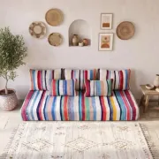 Multicoloured bohemian floor cushion – Handwoven striped recycled cotton