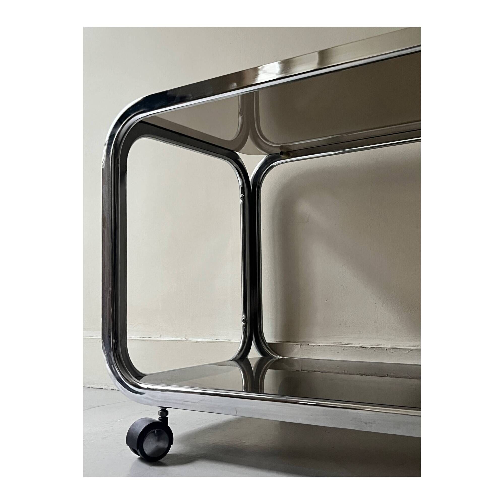 Low hifi/TV cabinet on wheels in chrome and smoked glass, 1970s design