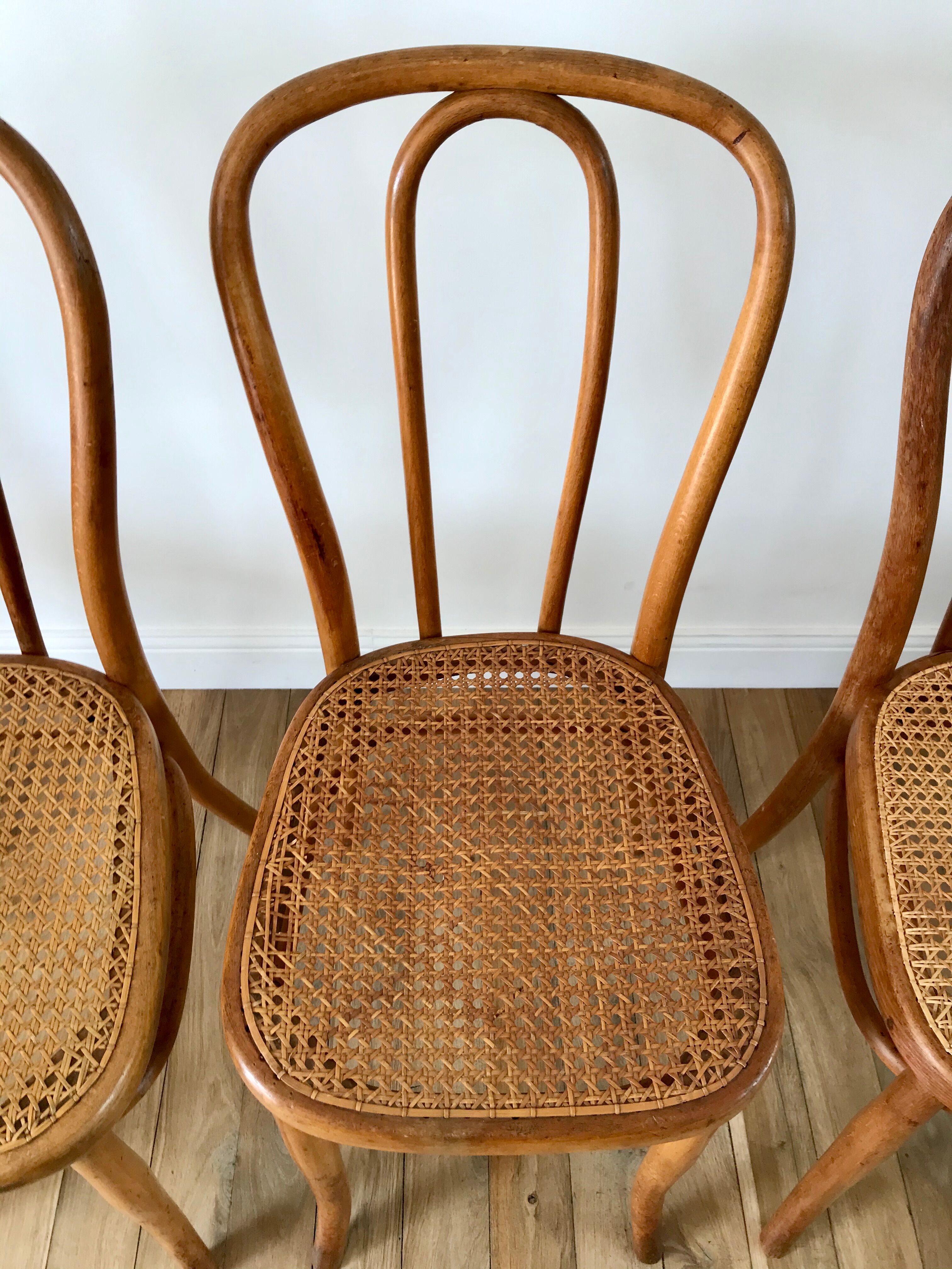 Set of 4 cane chairs in bentwood and honey-coloured cane thonet early 20th century