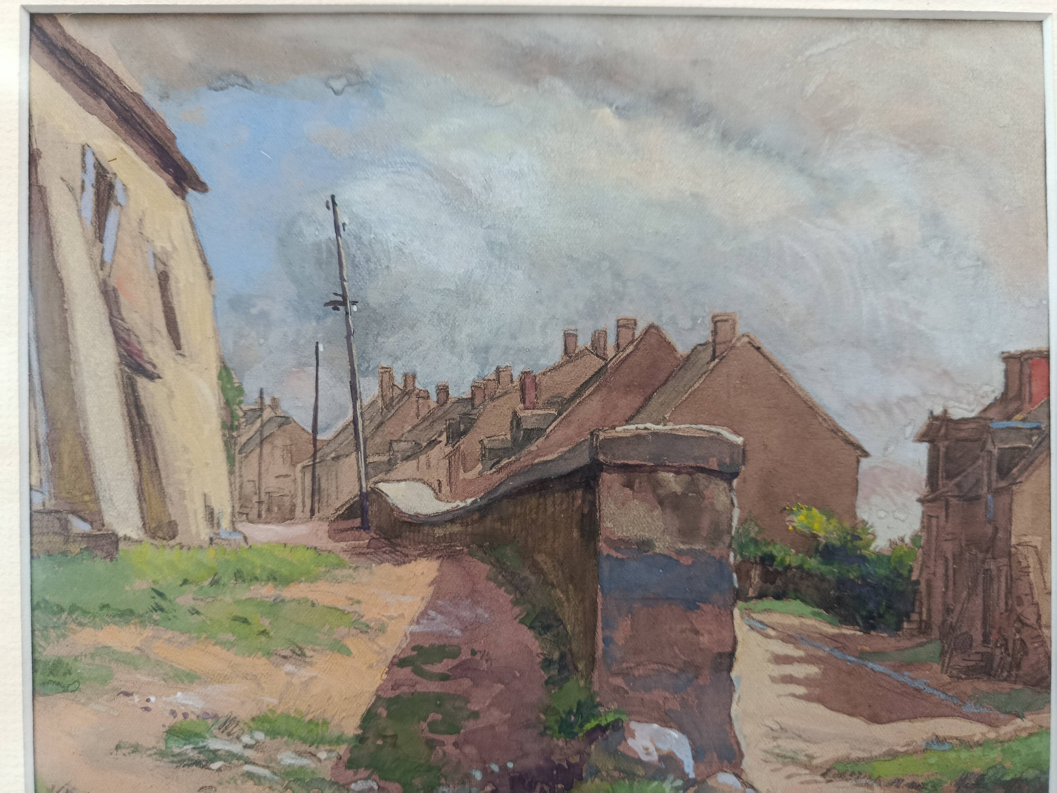 Watercolor by henri chartier: village streets around 1900, military painter