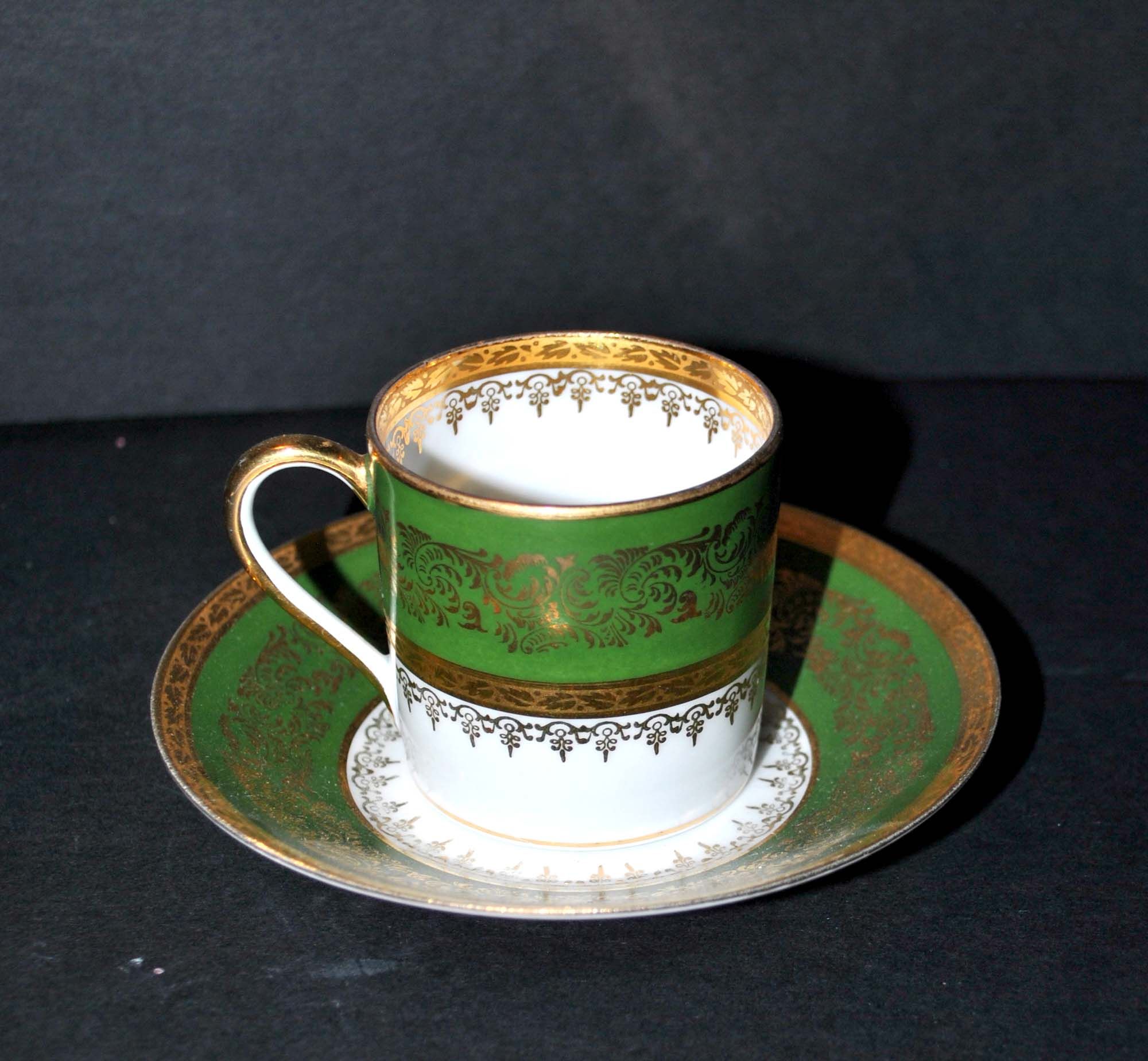 Antique Limoges porcelain litron cup - green décor and golden frieze