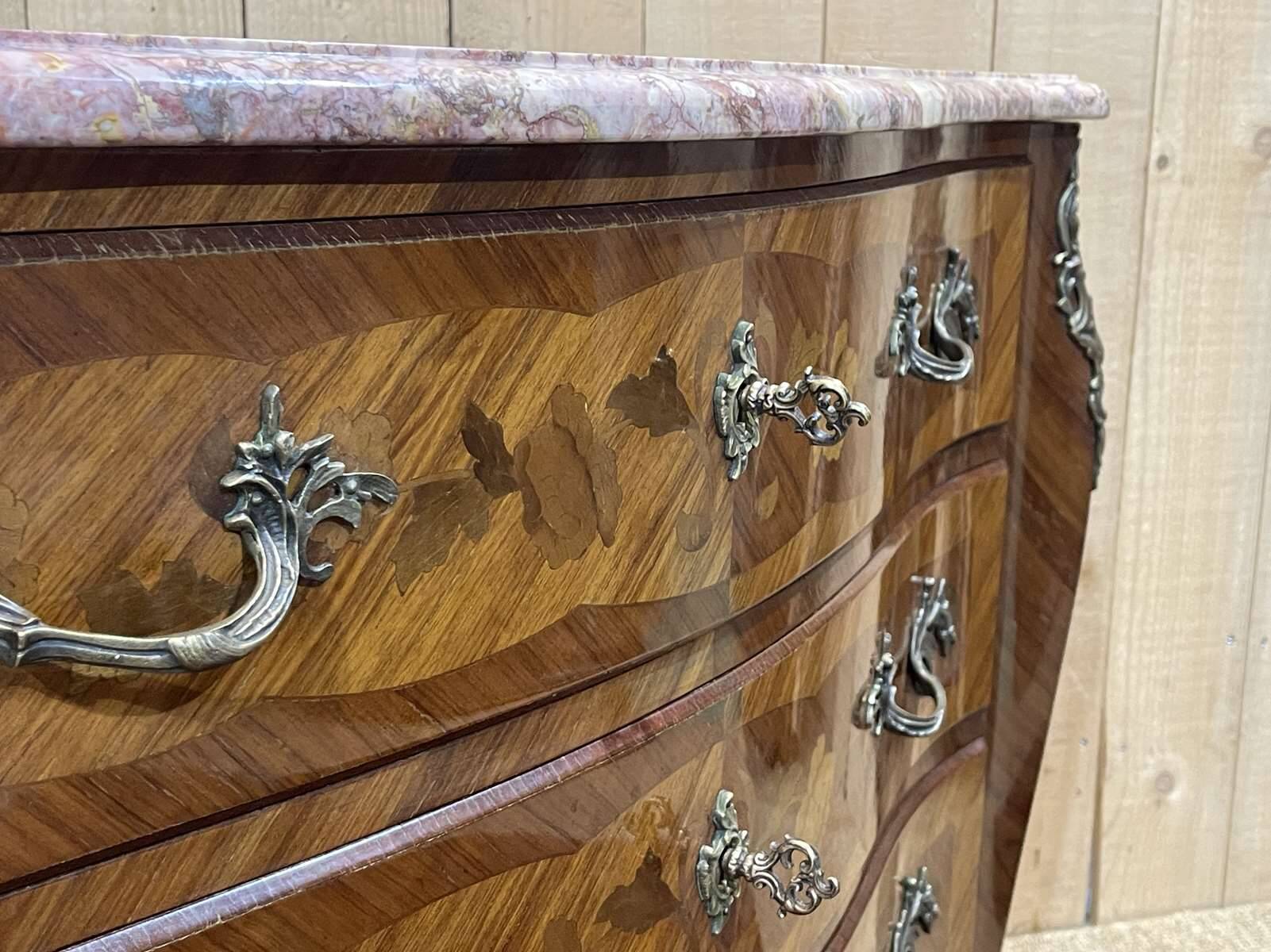 Louis XV style chest of drawers in rosewood, oak and marble top, made in the 70s