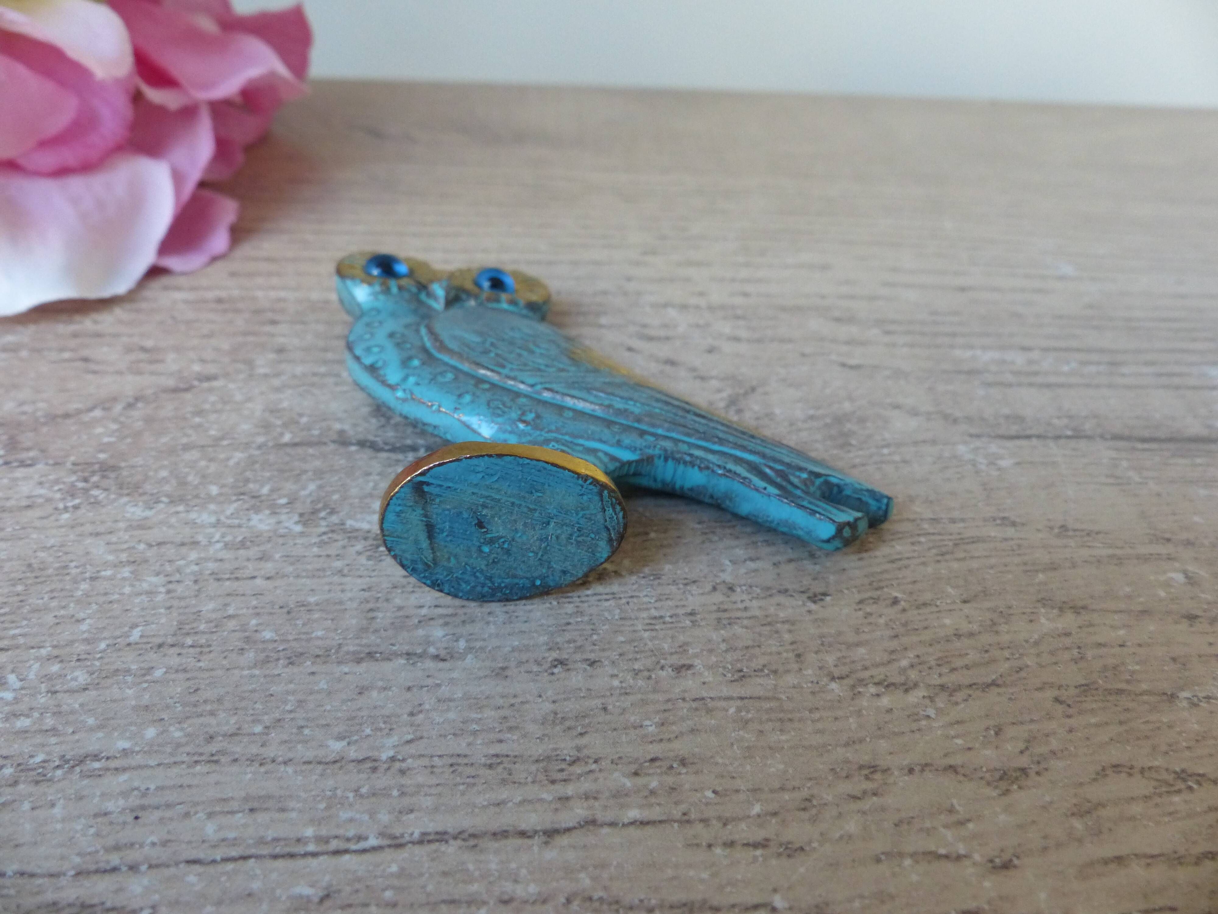Miniature brass owl figurine with blue eyes, small owl vintage Greek art sculpture