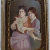 Peinture anglaise ancienne représentant une jeune femme lisant