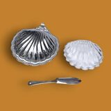 Vintage stainless steel and glass shell butter dish with knife