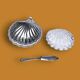 Vintage stainless steel and glass shell butter dish with knife