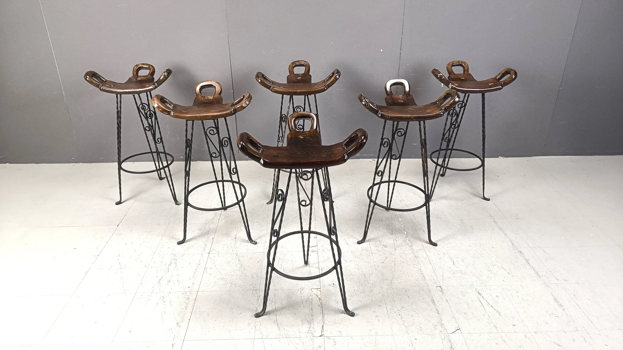 Vintage Spanish wrought iron bar stools, 1960s - set of 6