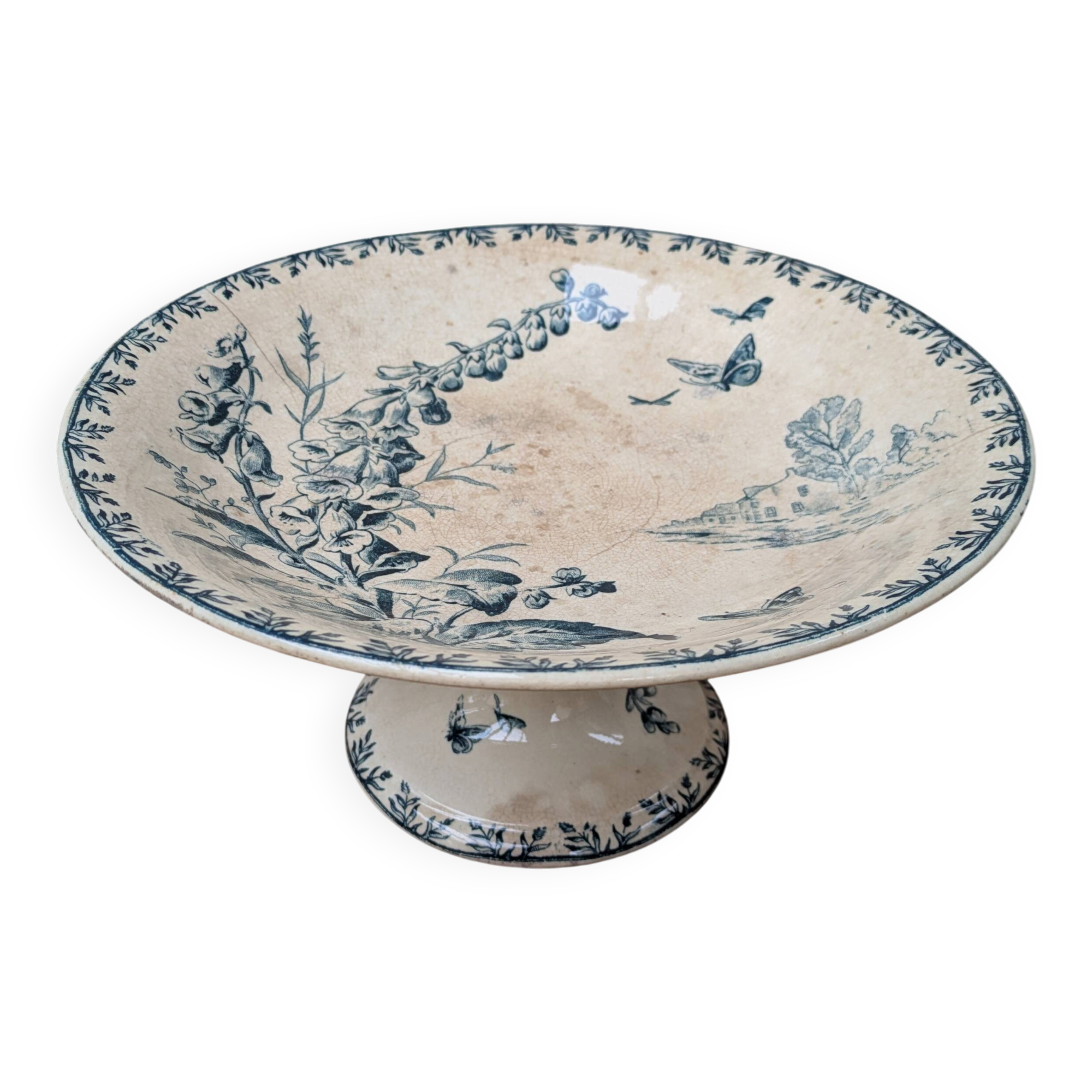 Opaque porcelain compote from Gien, Villageois model, Terre de Fer.