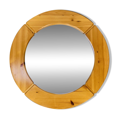 Miroir scandinave rond pin massif par Glasmäster Markaryd, Suède, 70's