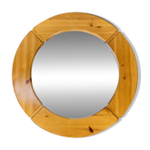 Scandinavian round solid pine mirror by Glasmäster Markaryd, Sweden, 70's