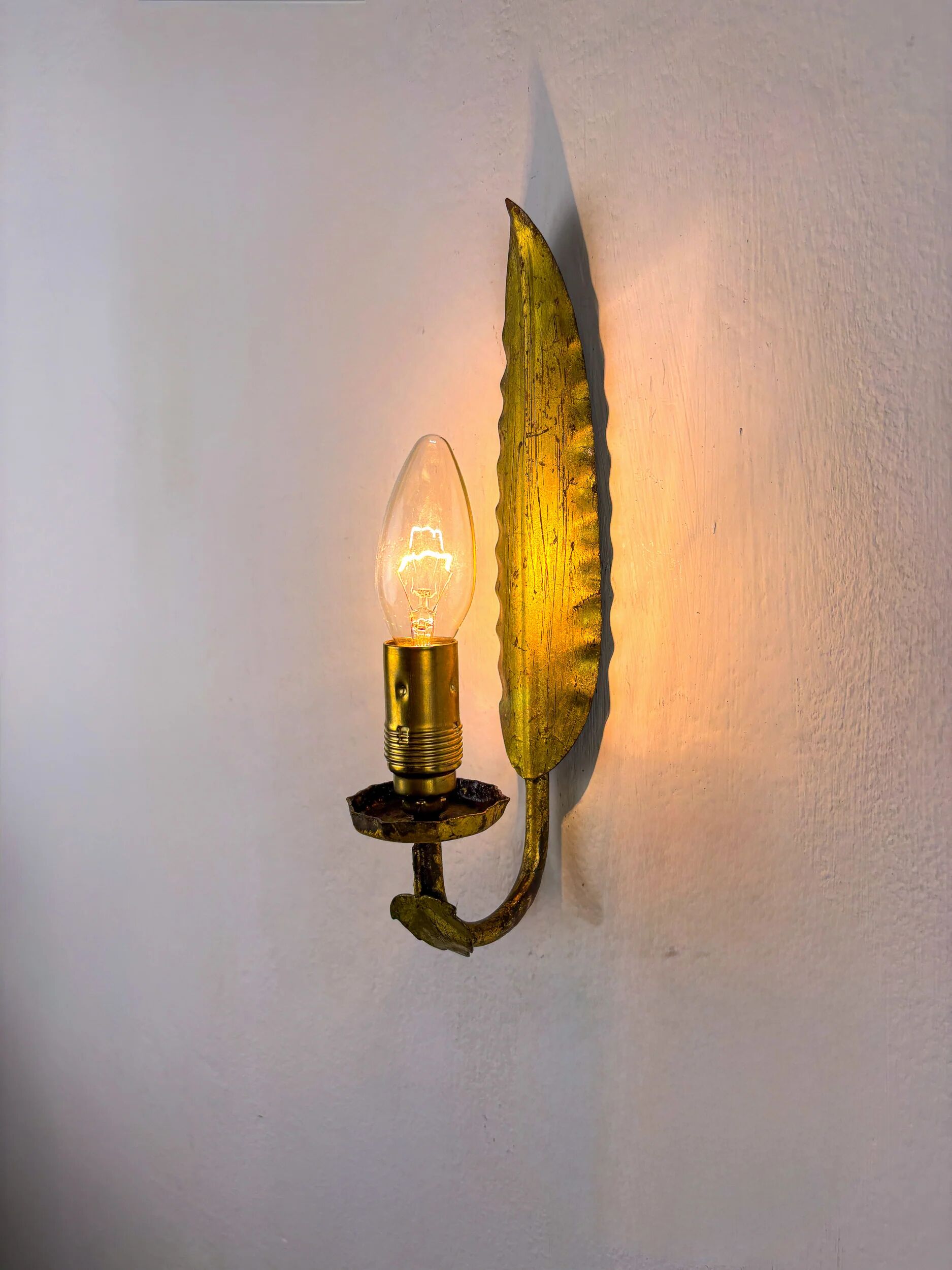 Pair of Spanish foliage wall sconces, leaf arms & bud shades, gilt iron, 1970s